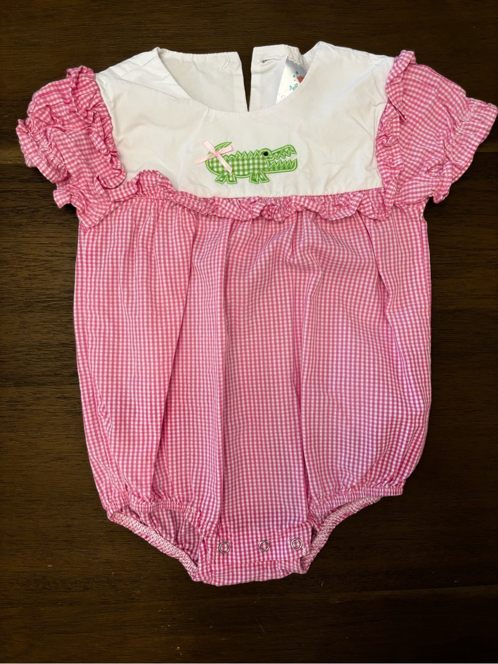 Pink Gingham Girls' One-Piece Bubble Romper with Crocodile Applique